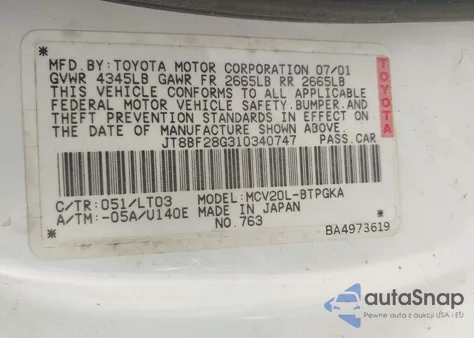 2001 Lexus Es 300 z USA, uszkodzony, nr VIN JT8BF28G310340747